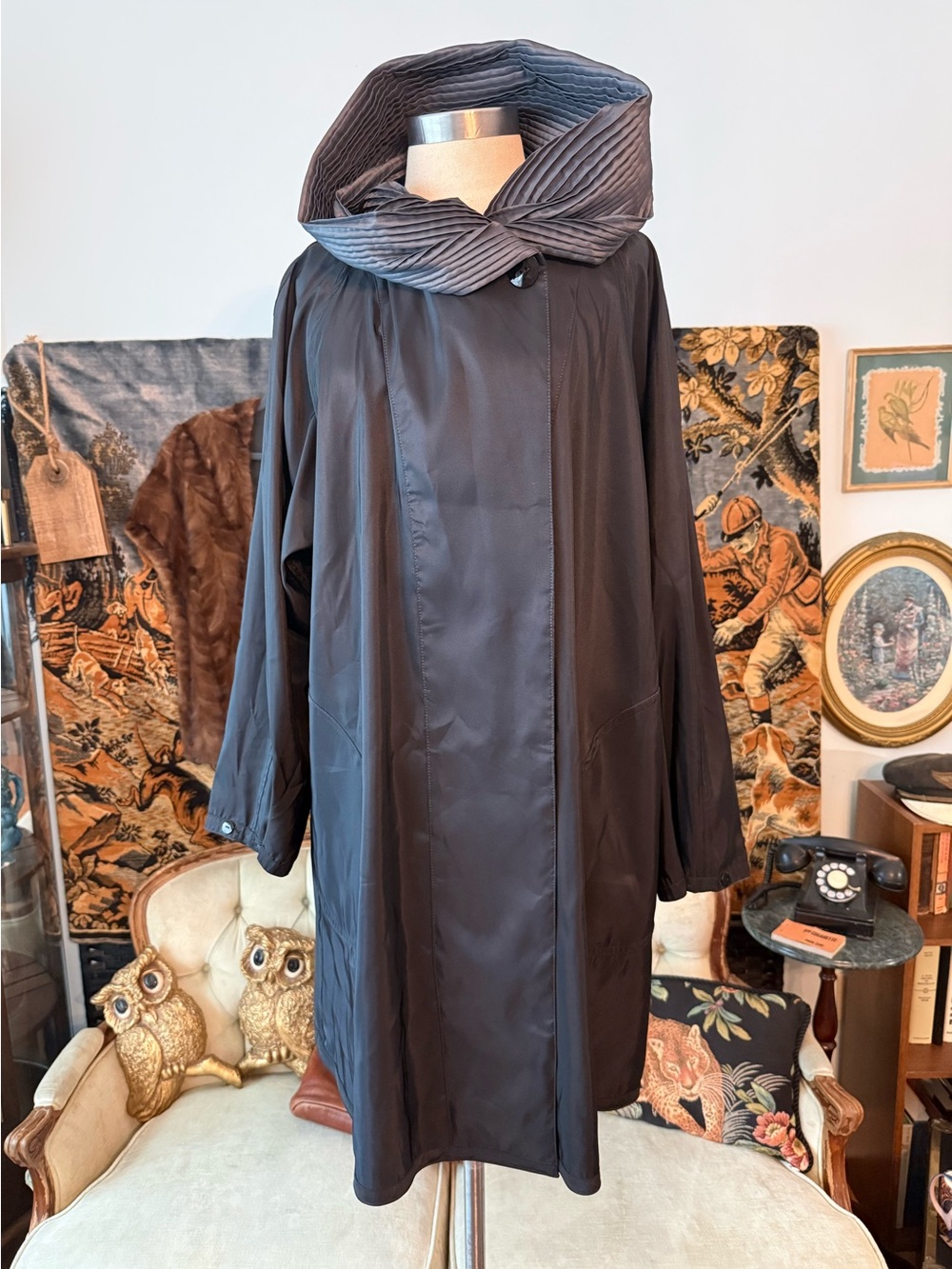 Vintage Mycra Pac Now Reversible Metallic Charcoal & Black Hooded Raincoat S/M - Picture 1 of 16